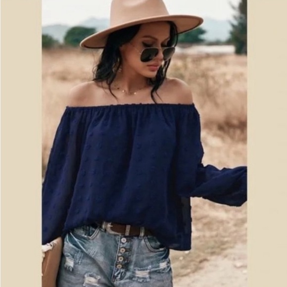 Navy dotted flowy off shoulder long sleeve blouse, size L, new - Picture 8 of 8